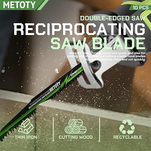 9 & 9.5-inch Reciprocating Saw Blade Set for Metal Wood Iron, 5 TPI (Tree Branches) & 14 TPI (Iron), 10 Pieces with Organizer Case, Durable HCS for Versatile Cutting