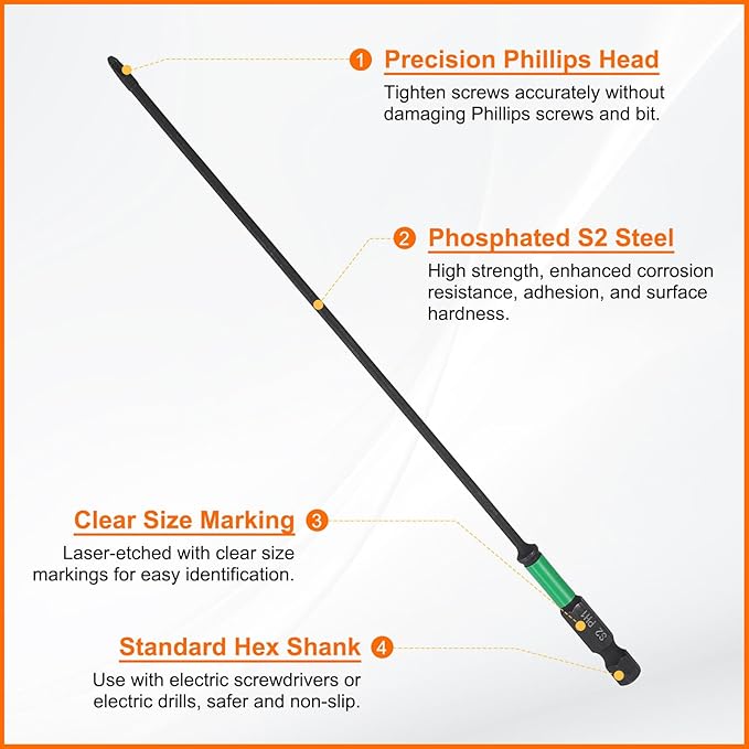 HARFINGTON 3pcs #1 Impact Phillips Screwdriver Bit PH1 1/4" Hex Shank 8" (200mm) Long 0.1" Rod Magnetic Cross Head Drill Bits S2 Steel Industrial Screw Driver for Impact Power Drivers