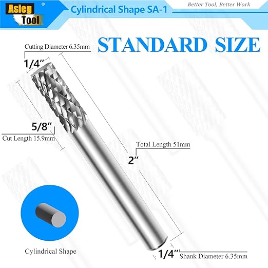 SA-1 Solid Tungsten Carbide Burr Rotary File Cylindrical Shape Double Cut for Die Grinder Drill Bits 1/4'' Inch Diameter of Shank and Cutter 5/8'' Inch Cutter Length