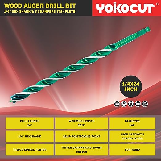 1/4"x 24" Auger Drill Bit for Wood, Hex Shank Tri-Flute Drill Bits, Ship Auger Long Drill Bit for Soft and Hard Wood, Plastic, Drywall, Tree Stump and Composite Materials