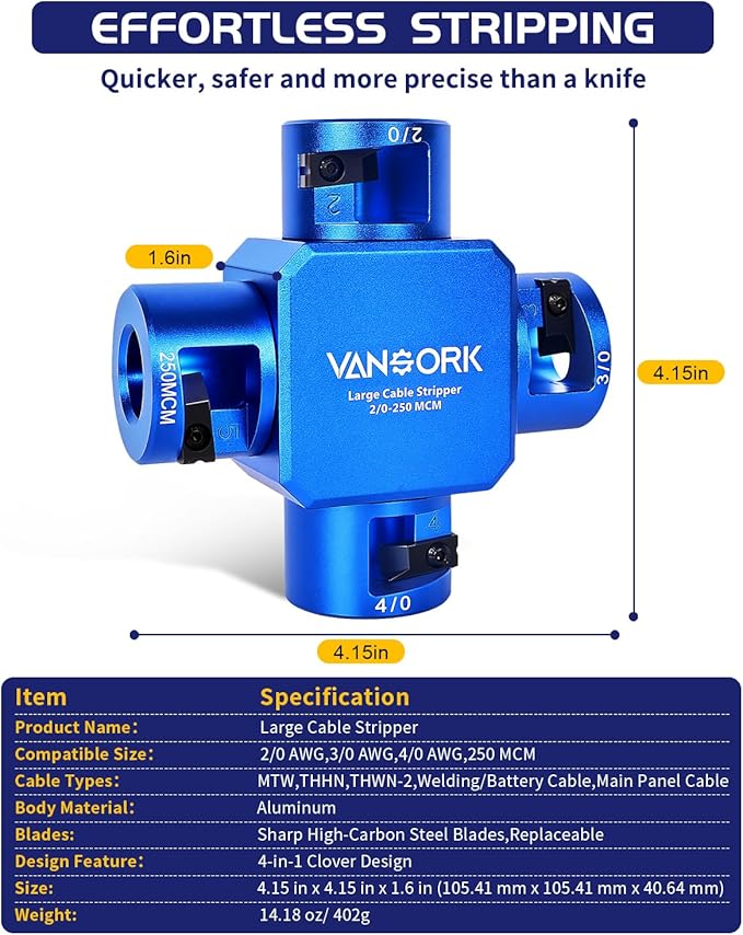 VANSORK 10380 Large Cable Stripper (2/0-250 MCM), 4-in-1 Clover Design Heavy-duty Cable Stripping and Cutting tool, Large Gauge Wire Stripper for Thick Cables Big Round Wire Insulation Jacket Removal