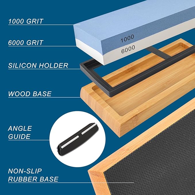 Gunpla Knife Sharpening Stone 1000/6000 Grit Whetstone with Non-Slip Rubber Bamboo Base and Angle Guide for Kitchen, Hunting and Pocket Knives
