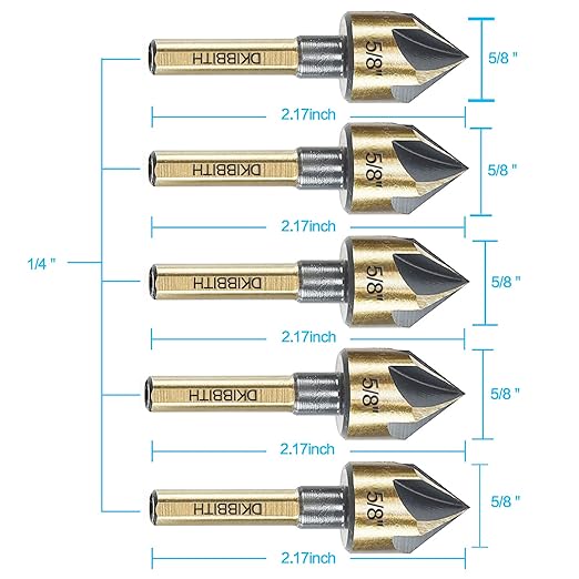 Countersink Drill Bit Set, 5 Pieces High Speed Steel 82 Degree 5 Flute 6mm Round Shank Mill Cutter Bit Countersink in Sizes 5/8" Set with Carrying Case.