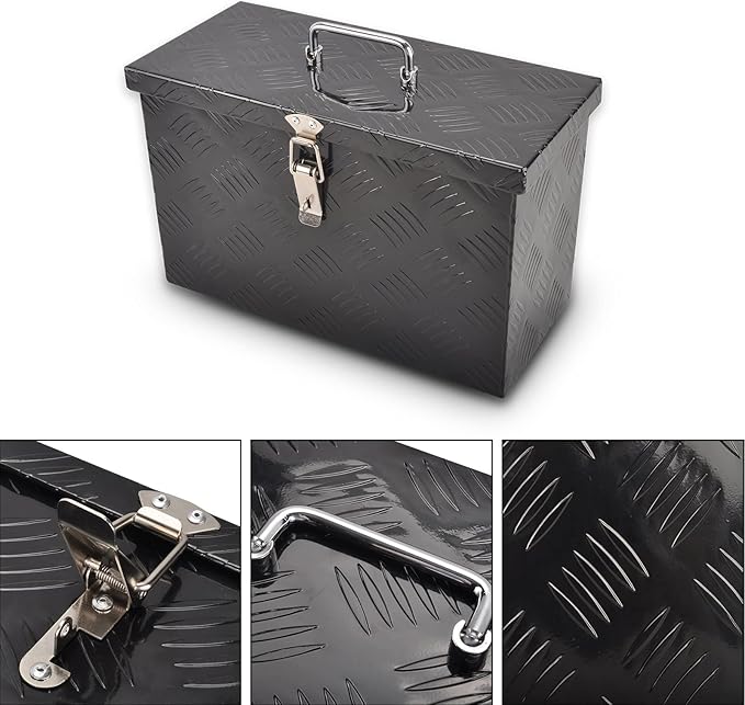 16" Aluminum Truck Bed Tool Box 5 Bar Tread Pick Up Truck Bed RV Storage Organizer with Top Handle Waterproof Lock and Keys - Black(16"x7.5"x10")