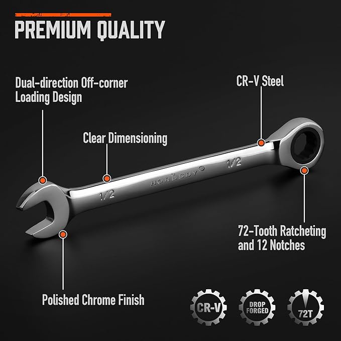 HORUSDY 26-Piece Ratcheting Wrench Set | Metric and SAE | Ratchet Combination Wrenches Set with Organizer | 72-Tooth | Chrome Vanadium Steel | 6-19 mm & 1/4??to 3/4??(13-Piece Metric&SAE)