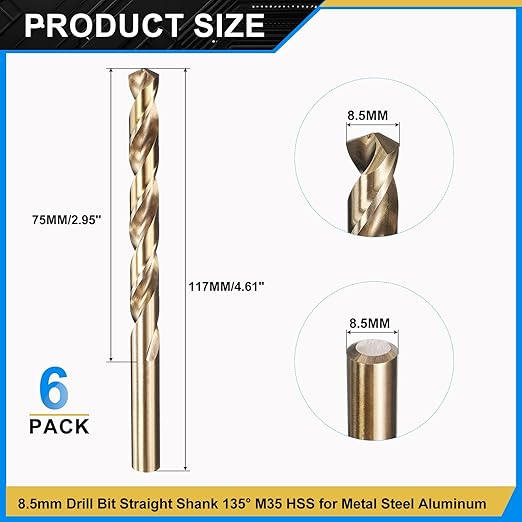 PATIKIL 8.5mm Drill Bit, Jobber Straight Shank M35 Cobalt 5% High-Speed Steel 135째 Gold Finish for Stainless Steel Hard Metal - 6 Pack