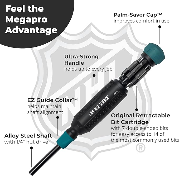 MEGAPRO짰 NHL짰 Team Edition Multi-bit Screwdriver | Officially Licensed NHL짰 Gear | Durable, Ergonomic, Pro-Grade Screwdriver (San Jose Sharks짰)