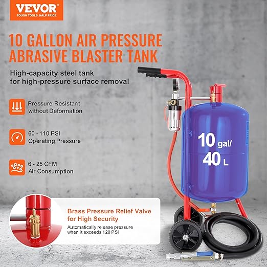 Sand Blaster VEVOR 10Gal Pot Sandblaster, 125 Psi Pressure Sand Blasting Complete Kit for Paint, Stain, Rust Removal and Special Surface Treatment of Material
