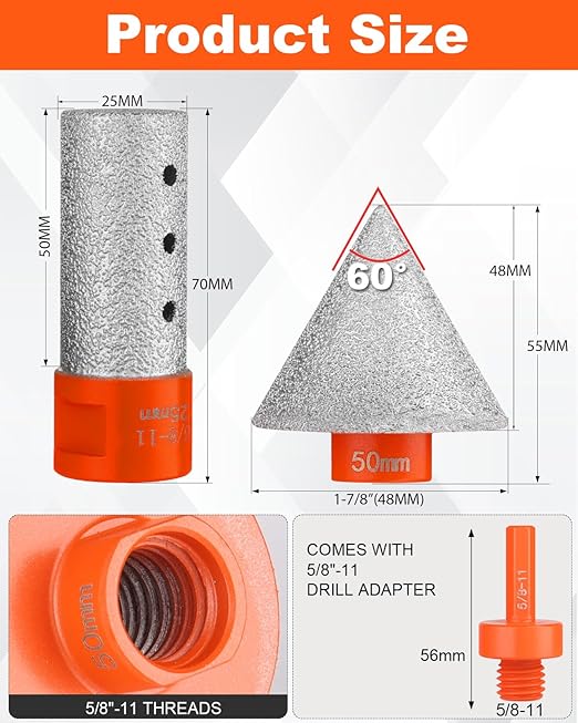 3 PCS Diamond Beveling Chamfer Bits Set, Tile Cone Grinder Bit with 5/8-11 Thread Adapter, 1" Diamond Drill Bits for Hole Enlarging Trimming Grinding in Tile, Marble, Glass, Granite,Ceramic