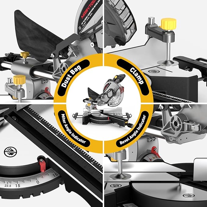10-inch Sliding Compound Miter Saw, 5000RPM, 15 Amp, Single Bevel 0-45° with Extension Table, 36T Blade, Power Saw for Metal, Plastic, Wood, Laminates
