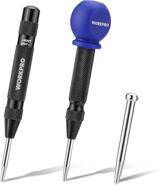WORKPRO 2PCS Automatic Center Punch with an Extra Replacement Tip, Adjustable Spring Loaded Center Punch, Metal Punch Tool, Center Hole Punch for Wood, Metal, Plastic