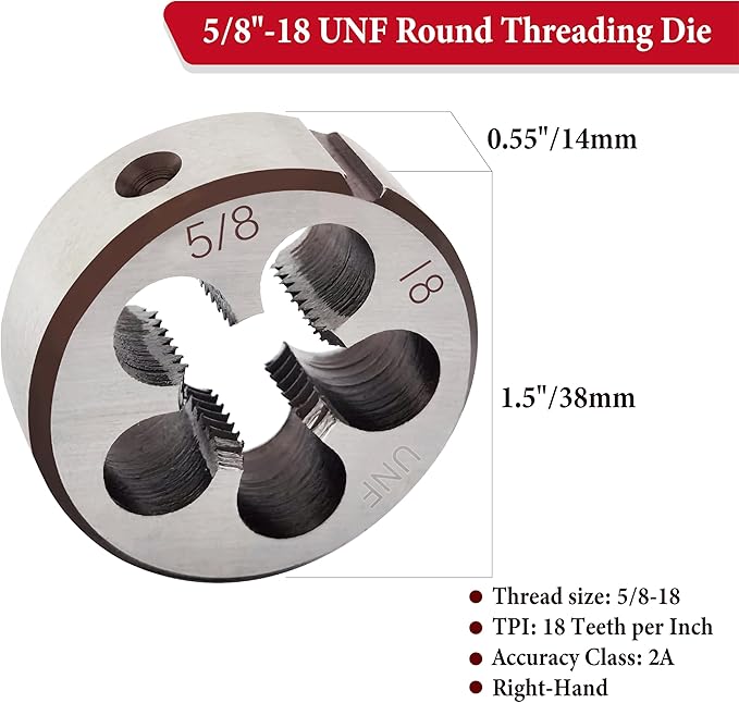 5/8x18 UNF Round Threading Die, 5/8 x 18 Die Machine Right-Hand Thread, Alloy Tool Steel, Accuracy Class: 2A