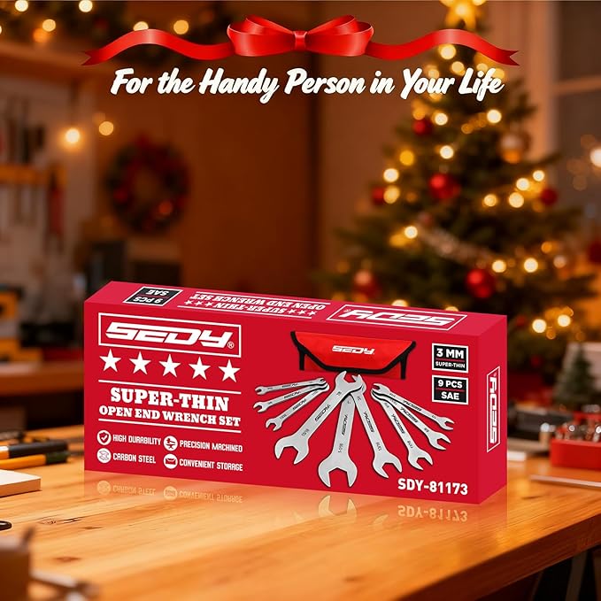 9-Piece Super Thin Open-End Wrench Set, SAE 1/4"-1-1/16", 3mm Thickness Slim Wrench Set for Tight Spaces, Nickel Plated Flat Wrenches with Rolling Storage Pouch