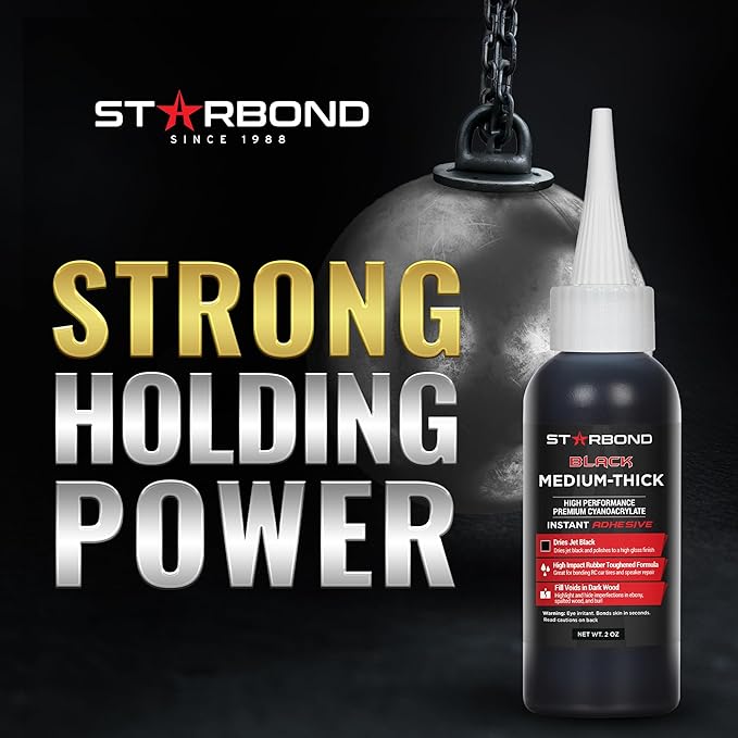 STARBOND Black Medium-Thick CA Glue Pro Kit (2 oz) ??Rubber-Toughened, Impact-Resistant Cyanoacrylate Super Glue ??for Durable Knot Filling, Crack Repair, Woodworking, Guitar, Hobby & RC Projects