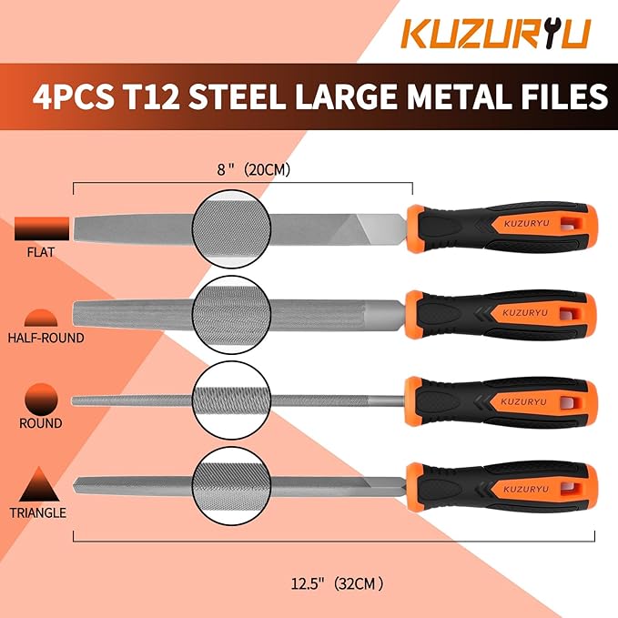 KUZURYU 31PCS Metal File Set - 4 Metal Files for Steel and 12 Needle Files with Steel Brush, Tool Bag, Riffler File, 12 Sandpaper and Gloves, Suitable for Metal and Wood Processing