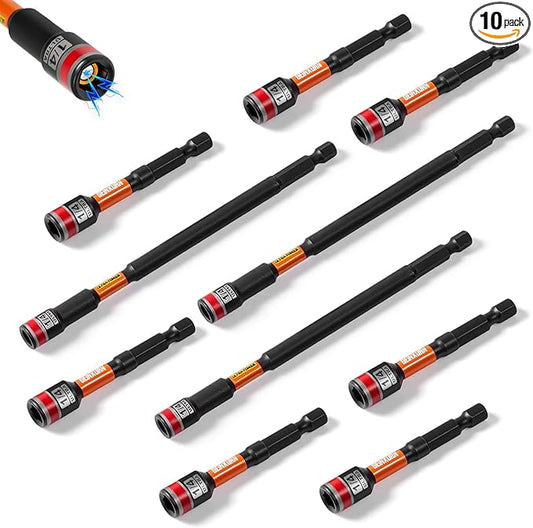Impact Nut Driver Set, 10 Pieces 2.56???쒵ong 1/4?? Point Alloy Steel Magnetic SAE Nut Setter Set Use For Require Installing 1/4 Hex Shank Impact Driver with Case Box