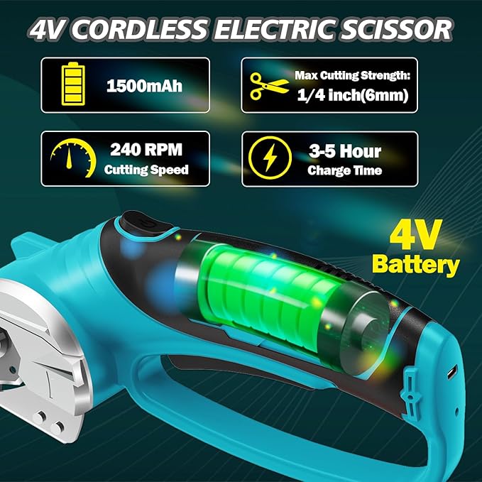 Cordless Electric Scissors, 4V Rechargeable Box Cutter & Cardboard Cutter with LED Light, Safety Lock - Rotary Cutter for Fabric, Leather, Plastic, Crafting, Sewing with Storage Box (Turquoise)