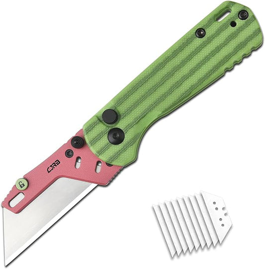 CJRB Boxer Folding Utility Knife, Button Lock EDC Pocket Knife with G10 Handle, Includes 10PCS Total Blades(J1967 Watermelon Green)