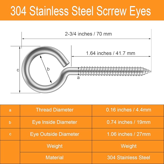 20pcs 2-3/4??304 Stainless Screw Eyes Small Eyelet Screws Lag Eyebolt Steel Heavy Duty Hook Duty Lag Thread Eyebolt (20 pcs 2-3/4")