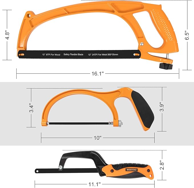 BEETRO Hacksaw Frame Set, 12’’ 10'' hacksaw and 6’’ Mini Hand Saw, Including Six Extra Flexible Blades, Cutting Tool for Metal, Wood, PVC Pipe