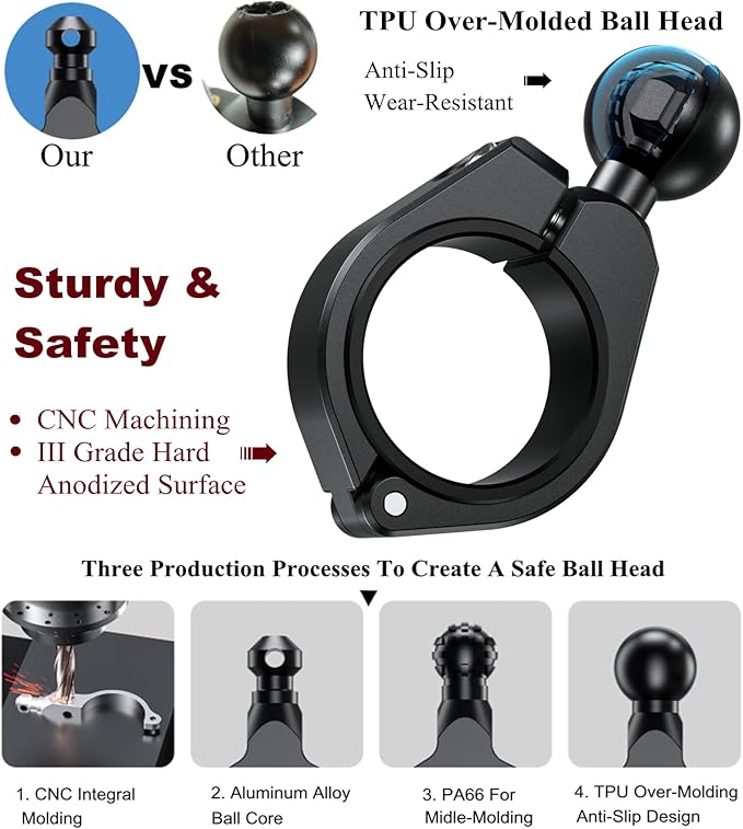 BRCOVAN 2PCS, 1'' Ball Medium Bar Mount, Aluminum Alloy Clamp Base, Fit for Round Rails 1.26'' / 1.375'' / 1.5'' / 1.65'' in Diameter, Compatible with RAM Mounts B Size 1 Inch Ball Double Socket Arm