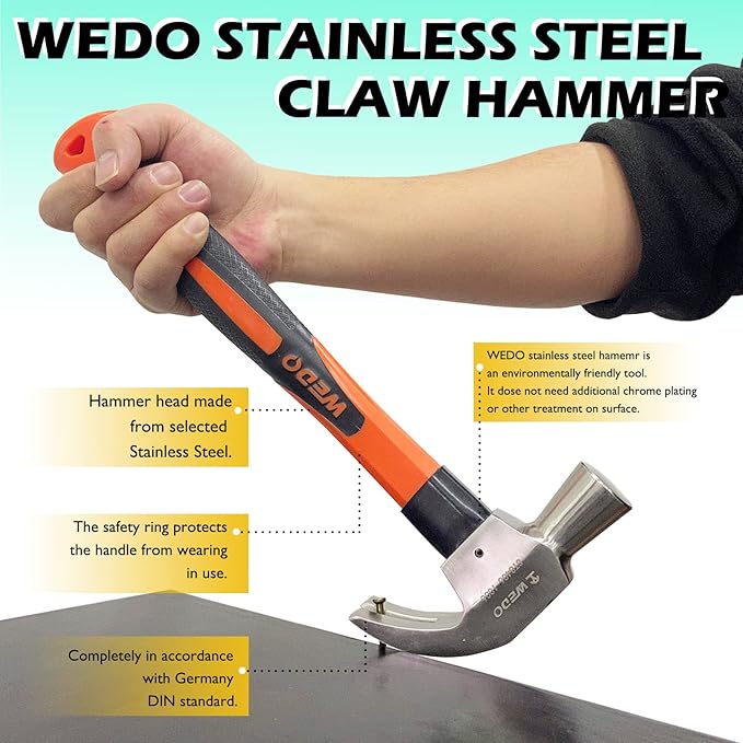 WEDO Claw Hammer with Fiberglass Handle,16oz Stainless Steel Framing Hammer,Length 300mm(12"),Shock Resistant,Corrosion Resistant,Rust Proof, Die-forged