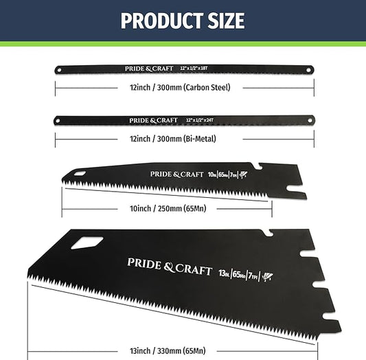 PRIDE&CRAFT 4 In 1 Hand Saw with 4pc Blades Quick Change, Includes Drywall/Metal/Wood/Plastic Saw Blade, Work Glove, Soft and Non-Slip Handle, Fine Cut Hacksaw for Cutting Wood Metal PVC Wallboard