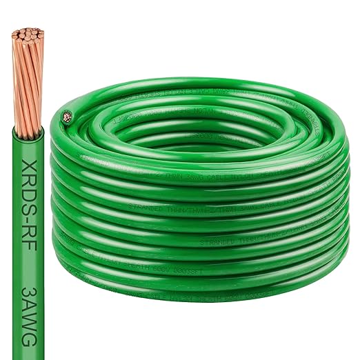 XRDS -RF 3 AWG THHN Stranded Bare Copper Wire, 100FT Green Grounding Wire, 600V Rated Building Wire Ideal for Panel Wiring, Grounding, Lighting Circuits, Control Systems