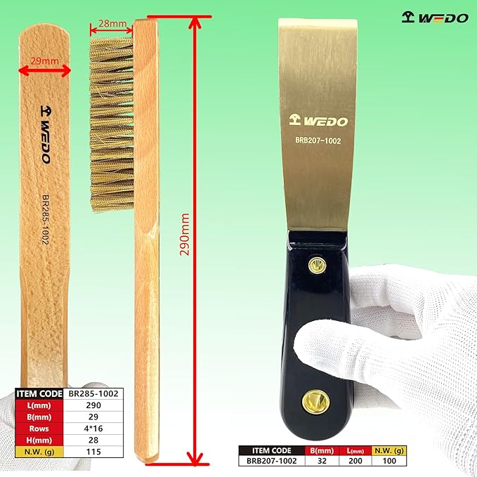 WEDO 3pcs Brass Putty Knife Set, 1-1/4" Paint Scraper with Bakelite Handle, 11" Brass Wire Brush,A Pair of Gloves,Painters Knife, Scraper Tool for Plaster Scraping Drywall Finishing