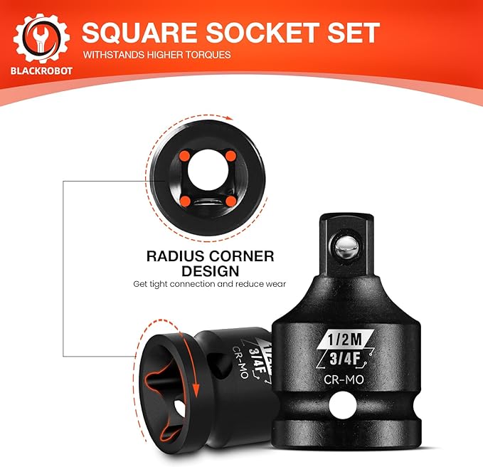 BLACKROBOT 3/4?쒯 To 1/2?쒶 Impact Socket Adapter, Cr-Mo Steel Exceeds ANSI Standards, Square Drive Reducer for Impact Driver Wrench