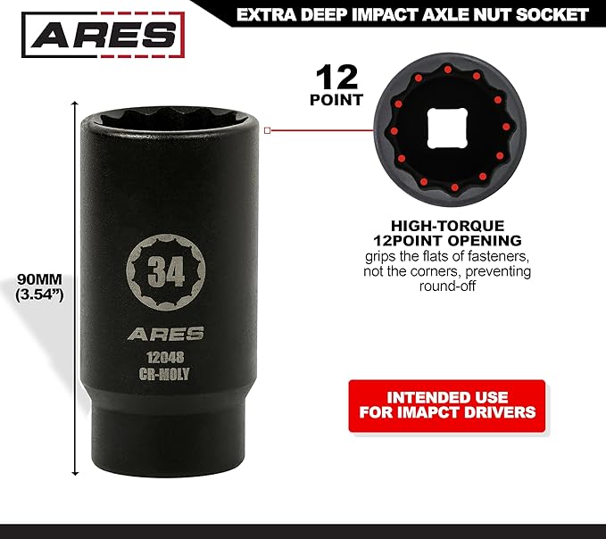 ARES 12062-4-Piece Axle Nut Socket Set - 30mm, 32mm, 34mm, and 36mm Axle Nut Sockets - 12 Point Sockets - Extra Deep 1/2-Inch Drive Impact Socket for Easy Removal of Axle Shaft Nuts
