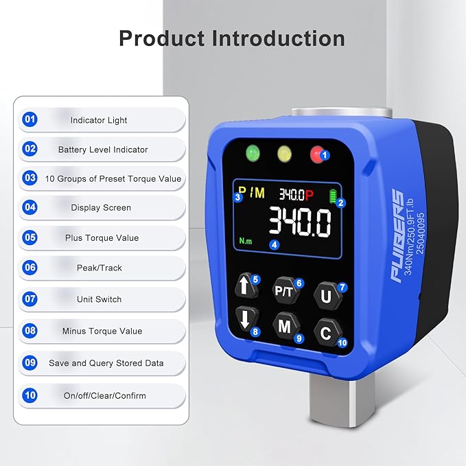 1/2" Drive Digital Torque Wrench Adapter- 12.5-250.7 Ft-lb / 17-340 Nm, Digital Torque Adapter 짹2% Accuracy, Colour LCD Display, 1/4??& 3/8??Adapters for Car & Motorcycle Maintenance