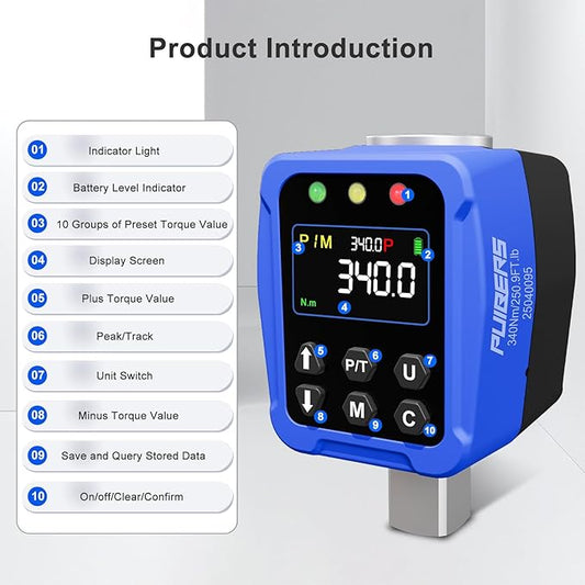 1/2" Drive Digital Torque Wrench Adapter- 12.5-250.7 Ft-lb / 17-340 Nm, Digital Torque Adapter 짹2% Accuracy, Colour LCD Display, 1/4??& 3/8??Adapters for Car & Motorcycle Maintenance