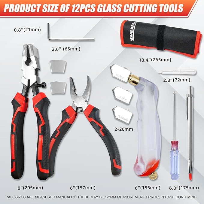 Alwalkee Glass Cutting Tool Kit, 12-Piece with Self-Oiling Cutter, 3 Interchangeable Heads for Stained Glass, Mosaic, Tile