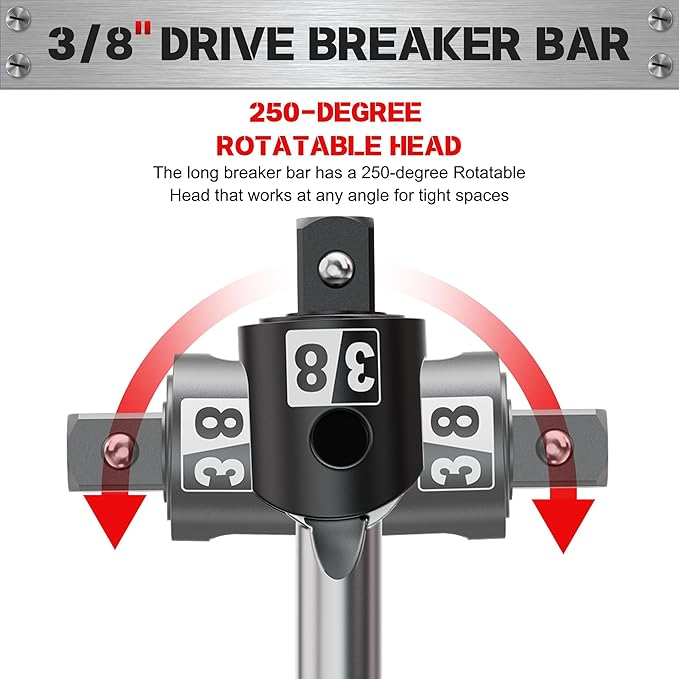 17.5-Inch 3/8??Drive Breaker Bar, Heavy Duty Extension Breaker Bar, 250째 Rotatable Head, Premium Chromium Molybdenum Steel, Mechanical Work, Automobile and Motorcycle Maintenance and Repair