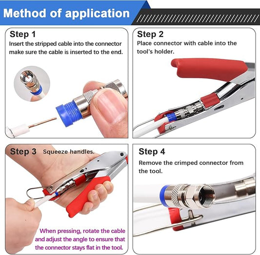 mxuteuk RG59 RG6 Coax Cable Crimper Tool Kit Coaxial Compression Tool Fitting Wire Stripper With 25pcs F Type RG6 Compression Connectors