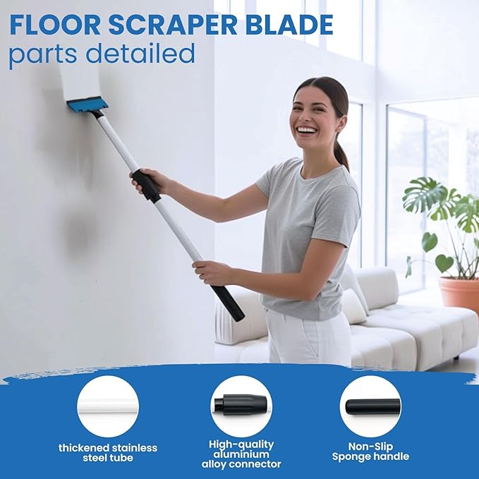 KATARY Long Handle Floor Scraper and Wall Tile Scraper Tool with Razor Blade with Tool Bag and 3-Piece Cleaning Brush Set - Grout, Concrete and Glue Remover Kit