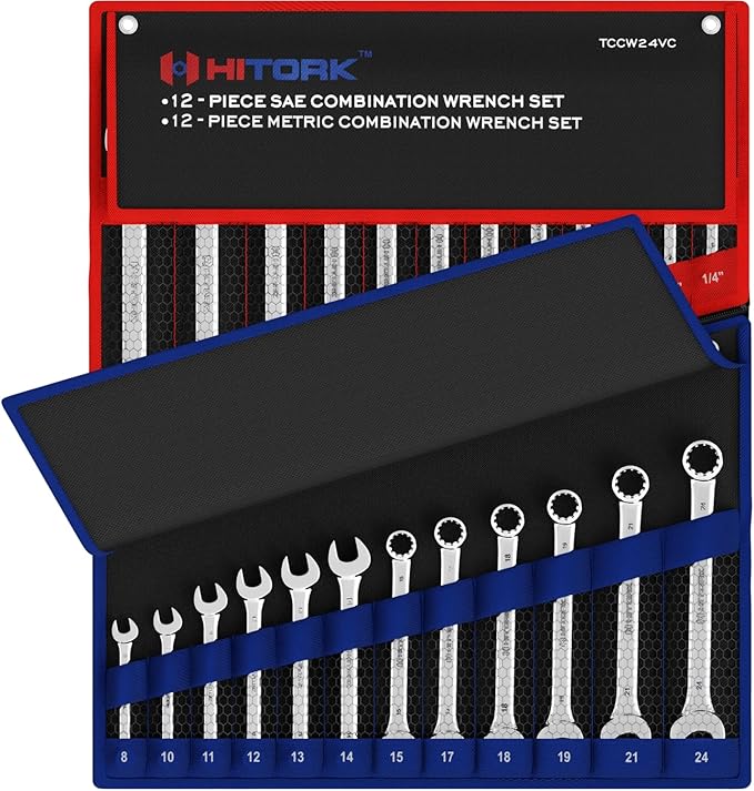 Hitork 24-Piece Combination Wrench Set, SAE (1/4"??") & Metric (8??4mm), Cr-V Steel, Mirror Chrome Finish, 12-Point Box End, 15째 Offset, with Roll Pouch ??Ideal for Home, Garage & Auto Repair