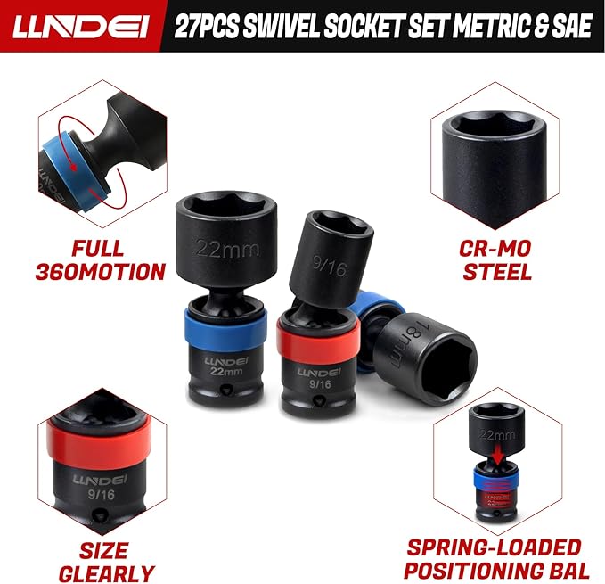 LLNDEI 27Pcs 3/8" Drive Swivel Impact Socket Set, CR-MO Swivel Socket Set Metric(8-22mm)& SAE(5/16-3/4),6 Point Wobble Socket Set with Ratchet Wrench, Extension Bar and Adapters.