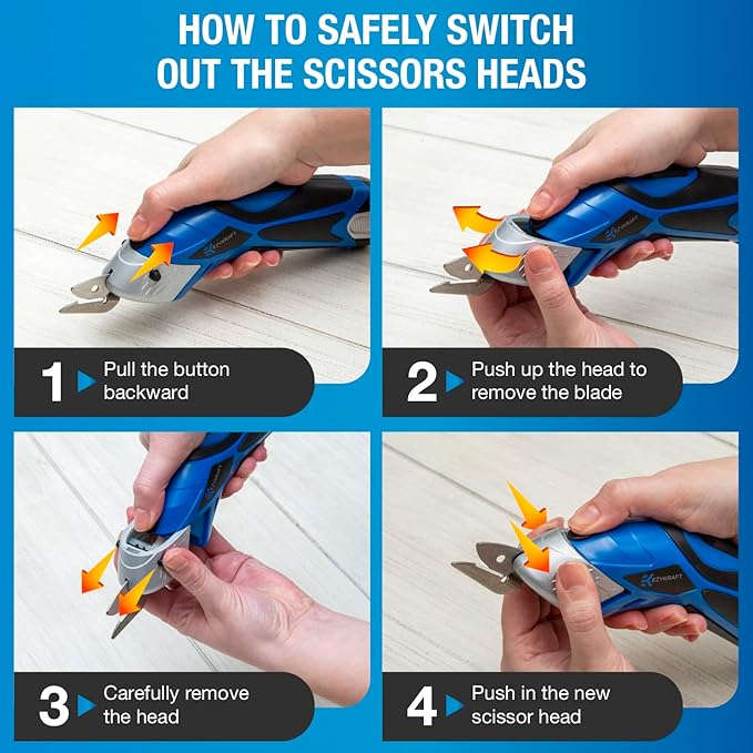 Cordless Electric Scissors for Cutting Fabric - Multifunctional Craft & Cardboard Scissors With Stainless Steel Blades & Replacement- 3.6V Lithium Ion Battery - Includes Charging Cable - Blue/Black