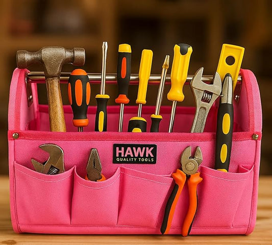 RAVEN 12.5" Pink Tool Carry-All Tool Bag | Premium Canvas with Multi-Pockets | Metal Handle & Rubber Feet | 12.5" x 9.5" x 8" | Best for Tools, Crafts & Supplies