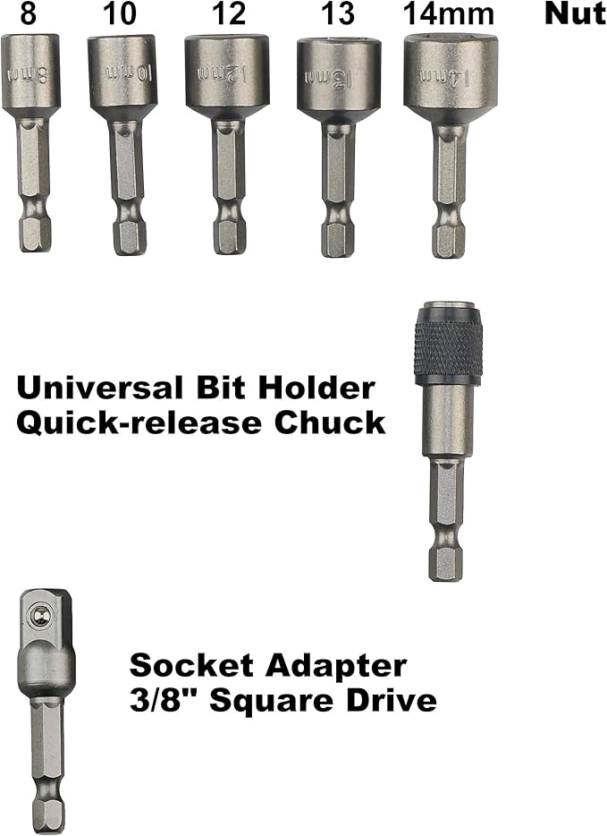 K452 Magnetic Power Nut Driver Bit Set with Socket Adapter and Extension, Quick-Change 1/4-Inch Hex Shank, Metric, 7-Piece