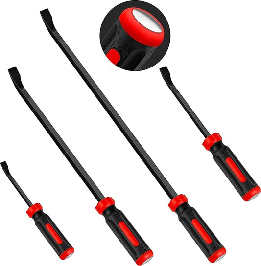 C&T 4-Piece Heavy Duty Pry Bar Set (8",12",18",24"), Premium Mechanic Hand Tools with Thicker Strike Cap & Ergonomic Comfort Grip for Automotive, Demolition & Construction, Black/Red