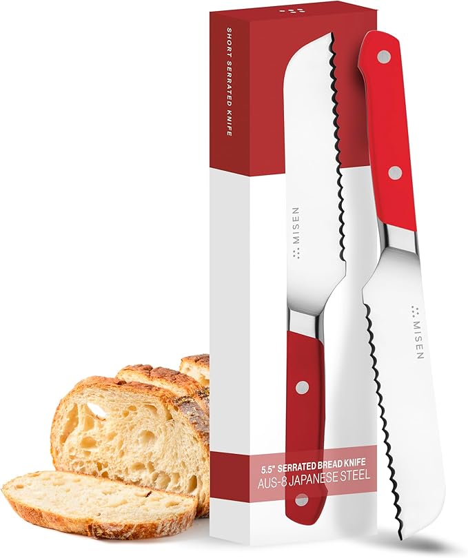 Misen Serrated Bread Knife - High-Carbon Japanese AUS8 Steel - Perfect for Soft Foods, Bread, Pastries, and Fruits - Verstatile Slicer, Razor-Sharp Edge, Durable Blade, Ergonomic Handle - 5", Red