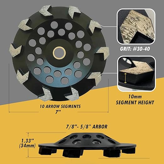 7" High Performance Diamond Grinding Wheels for Concrete, Paint, Epoxy, Mastic, Coating Removal, #30/40 Grit, 10 Arrow Segments, 7/8"-5/8" Arbor