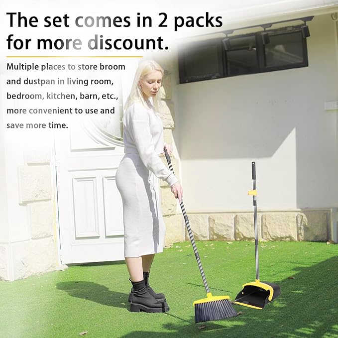2-Pack is More economical竊똗pgraded Broom and Dustpan竊?with 52" Long Handle, Dustpan Teeth with self-Cleaning Function, Indoor and Outdoor Sweeping, Perfect for Home Office