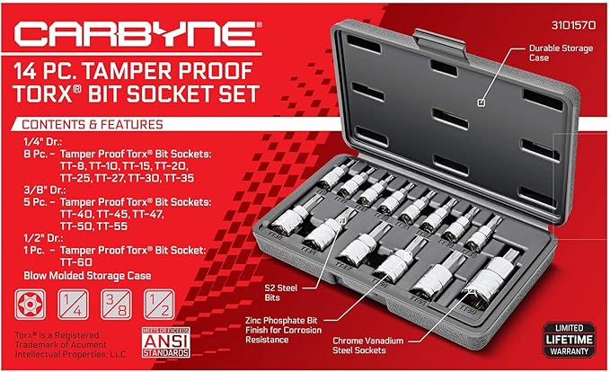 CARBYNE 14-Piece Tamper-Resistant Torx Bit Socket Set, TT8 to TT60 Sizes, S2 Steel Bits, Cr-V Sockets, Durable Case | 1/4, 3/8, & 1/2 in. Drive ??From a Family-Run Tool Company Based in the U.S.A.