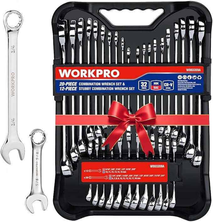 WORKPRO 32-Piece SAE & Metric Combination Wrenches Set, 20-Piece Standard wrenches and 12-Piece Stubby Wrenches with Organizer Tray, Cr-V Steel Mirror Chrome Polished