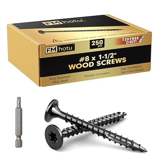 #8 x 1-1/2” Deck Screws, 250Pcs Star Drive Wood Screws, Rust Resistant Timber Screws for Timber/Log/Landscaping Wood, T20 Star Bit Included, Black