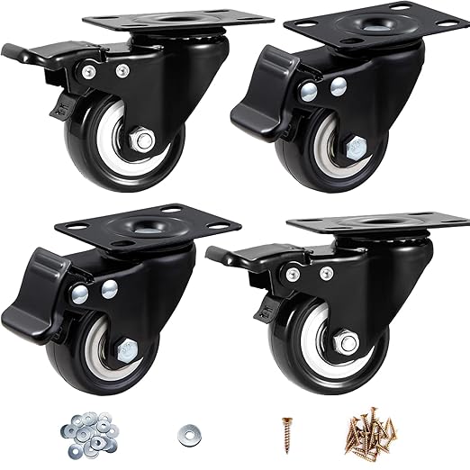 Casters, 2" Caster Wheels竊똂asters Set of 4 Heavy Duty - ASRINIEY Black Polyurethane Castors, Top Plate Swivel Wheels, 4-Pack Industrial Casters with Brake, Locking Casters for Furniture and Workbench